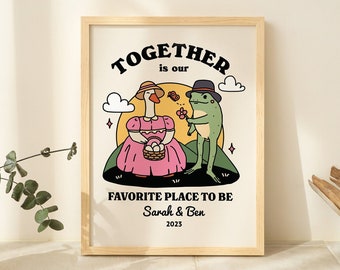 Personalized Couple Print, Custom Frog Illustration, Anniversary Engagement Valentines Gift Idea, Cute Wall decor, Romantic Goose, UNFRAMED