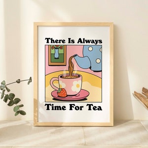 Cafe Tee bunter Druck, Retro-Getränke Poster, rosa Bistro Kaffee Poster, Time for tea Zitat, niedliches Cafe Art, UNGERAHMT