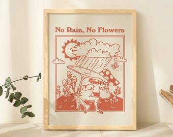 Retro Frog Minimal Print, No Rain No Flowers Quote, Burnt Orange Digital Download Print, Wall Decor, Positivity Print, Trendy Art Printable