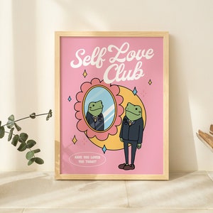 Frog Self Love Club Wall Print, Digital Download Print, Affirmation Art,  Retro Wall Decor, Printable Art, Downloadable Prints, Baby Pink