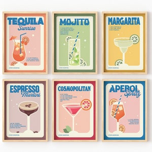 SET OF 6 Cocktail Prints, Alcohol Bar Gallery Wall Print Set, Retro Minimal Signature Cocktails Poster Print Sets, Colorful A3 A4 A2 Prints