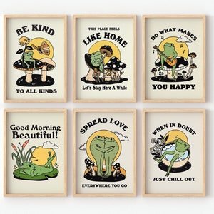 SET OF 6 Frog Wall Prints, Cute Gallery Wall Print Set, Retro Positive Quote Poster Print Sets, A3 A4 A2 Prints, Neutral Yellow Room Decor