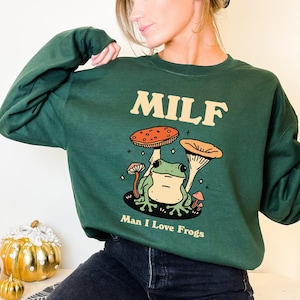 MILF Frog Sweatshirt, Dark Colors Frog Lover Jumper, Funny MILF Sweater, Oversized Sweatshirt, Cottagecore Froggy Clothes, Unisex Crewneck