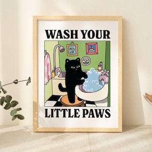 Waschen Sie Ihre Pfoten Grüne Katze Poster, Niedliches Badezimmer Poster, Waschraum Kinder Poster, Kawaii Prints Decor, UNGERAHMT