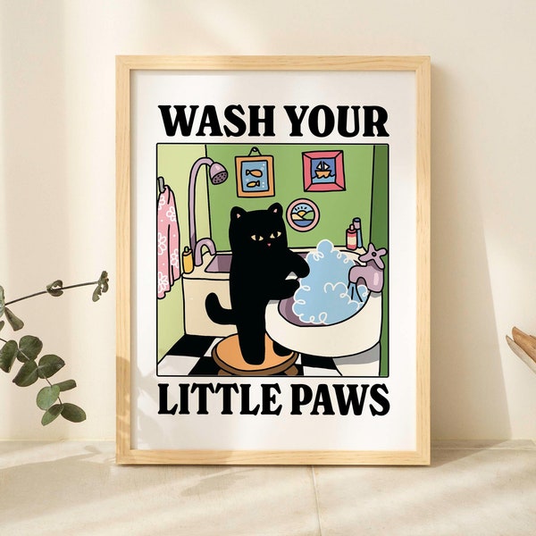 Wash your Paws Green Cat Print, Cute Bathroom Poster, Wash Room Childrens Washing up Posters, Kawaii Prints Decor, Unique Cats Art, UNFRAMED