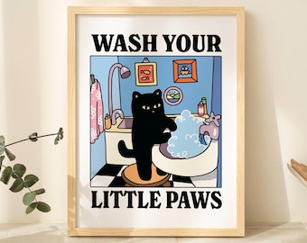 Wash your Paws Cat Print, Cute Bathroom Poster, Wash Room Childrens Washing up Posters, Kawaii Prints Decor, Unique Cats Art, UNFRAMED