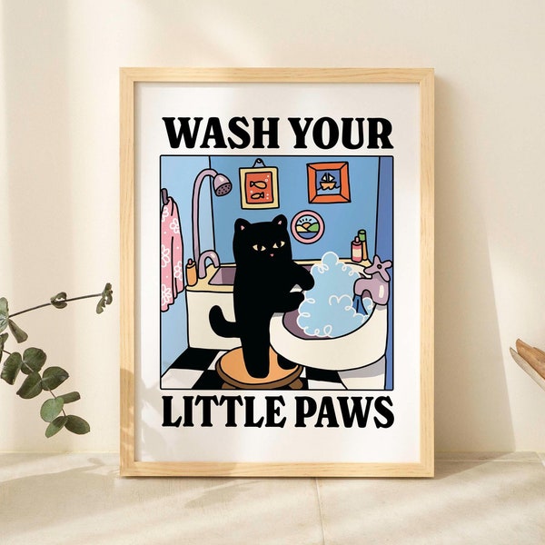 Wash your Paws Cat Print, Cute Bathroom Poster, Wash Room Childrens Washing up Posters, Kawaii Prints Decor, Unique Cats Art, UNFRAMED