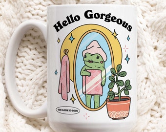 Retro Frog Self Love Coffee Mug, Hello Gorgeous Girly Mug, Coffee Lover Gift Idea, 80s Retro Quote, Frog Lover Gift Mug, Aesthetic Cup