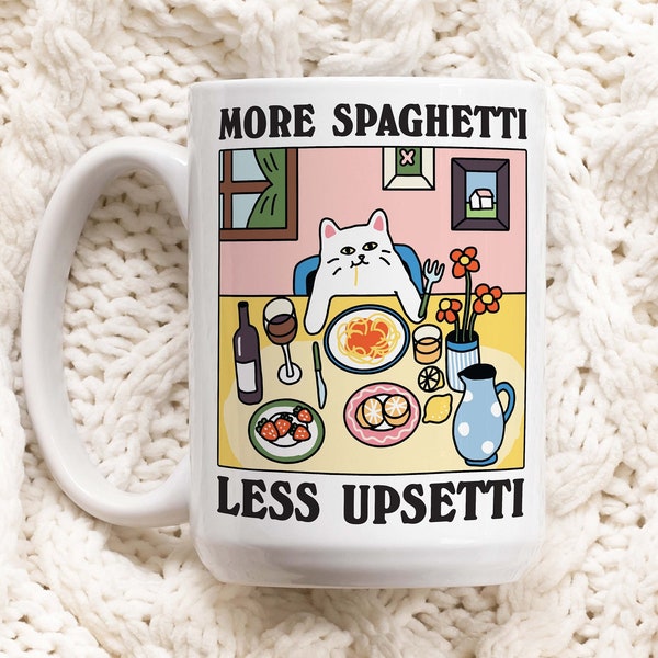 Spaghetti Cat Coffee Mug,Less Upsetti White Cat Mug, Italian Pasta Coffee Mug, Coffee Lover Gift Idea, Coffee Quote, Gift Mug, Kitchen decor