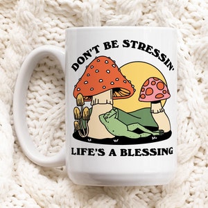 Colorful Mushroom Frog Coffee Mug, Positive Quote, Retro Ceramic Cup, Hippie Quote Gift Idea, Cottagecore Froggy Mug, Cute Novelty Gift