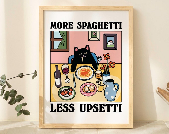 More Spaghetti Less Regretti Black Cat Print, Retro Diner Poster, Bistro Dining Pasta Posters, Unique Italian Kitchen Prints Decor, UNFRAMED