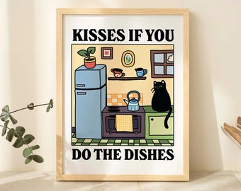 FRAMED Kisses if you Do the Dishes Cat Print, Bistro Dining Kitchen Posters, Rustic Kitchen Prints Decor, White, Black Natural Wooden Frame