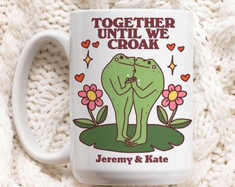 Mug grenouille personnalisée, tasse de mariage pour couples personnalisée, cadeau pour amateur de grenouille, jolie idée cadeau d'anniversaire de Saint-Valentin, cadeau champignon cottagecore