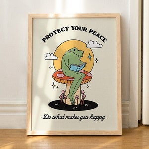 Trendy Retro Print, Positive Quote Print, Colorful Mushroom Poster, Book lover Wall Art, 70s Frog Illustration, Cute Kids Decor, UNFRAMED