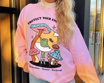 Cute Frog Sweatshirt, Retro Pink Jumper, Cute Groovy Mushroom Sweater, Positive Quote Trendy Crewneck Sweatshirt, Cottagecore Froggy Clothes