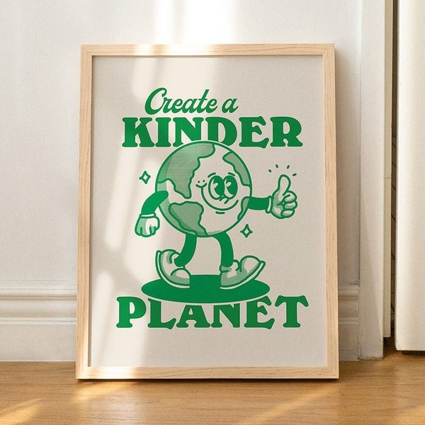 FRAMED Earth Retro Character Wall Decor, Retro Quote Wall Print, Rustic Framed Vintage Poster, Framed Art Print, Wooden or Aluminium Frame