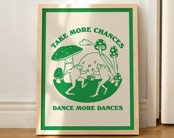 Retro Dancing Frogs Wall Print, Vintage Frog Illustration, Trendy Posters, Cute Mushroom Prints, Positive Poster Green Orange Pink UNFRAMED
