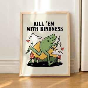 Frog Illustration Wall Print, Retro Kindness Quote, Digital Download Print, Retro Wall Decor, Printable Art Poster, Downloadable Prints