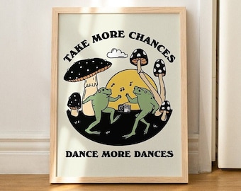 Dancing Frog Retro Print, Toad and Frog Poster Prints, Trendy Aesthetic Mushroom Decor, Cute Quote Bedroom Art,  A2 A3 A4 , UNFRAMED