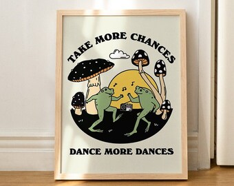 RAHMEN Tanzender Frosch Wanddruck, Selfcare Zitat, Vintage Pilz Illustration, Frosch und Kröte Poster, weiß, schwarzer natürlicher hölzerner Metallrahmen