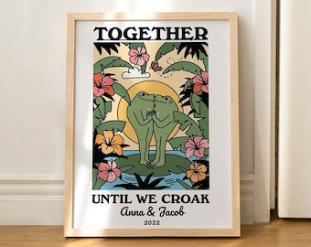 FRAMED Custom Tropical Frog Print, Personalised Couples Gift, Retro Mushroom Illustration, Anniversary Gift Idea, Black, White, Wood Frame
