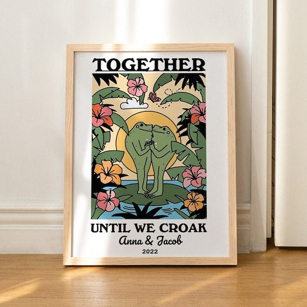 FRAMED Custom Tropical Frog Print, Personalised Couples Gift, Retro Mushroom Illustration, Anniversary Gift Idea, Black, White, Wood Frame