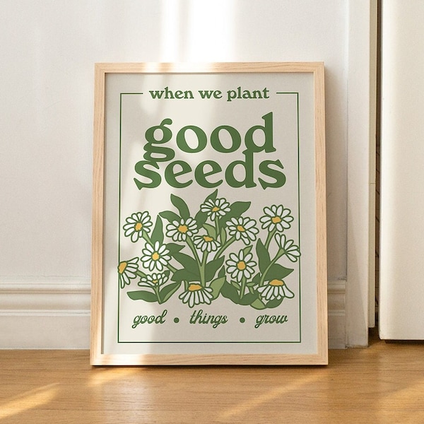 Retro Botanical Poster, Aesthetic Quote Print, Flower Market Wall Decor, Wildflowers Illustration, Large Positivity Prints, Green, UNFRAMED