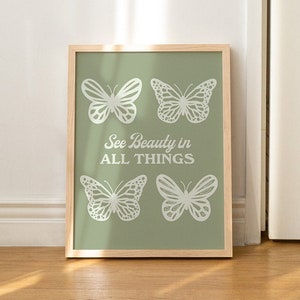 Boho Art Print, Aesthetic Quote Wall Art, Butterfly Poster, Large Trendy 70s Artwork, Typography, Digital Download, Sage Green Room Decor