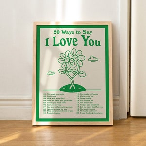 I Love You Poster, Retro Illustration, Cute Quote Artwork, Green Wall Prints, Large Art Print, Green Artwork, Typographic Posters, UNFRAMED