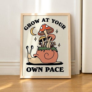 Retro Mushroom Poster Print, Positive Quote Digital Download Art, Printable Growth Artwork, Trendy 70s Poster, Downloadable Wall Art