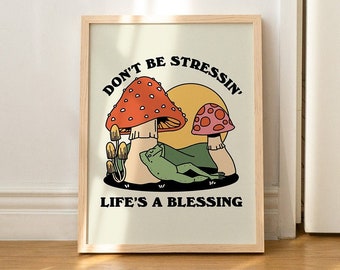 Groovy Mushroom Print, Retro Frog Wall Art, Happy Mental Health Poster, Trendy 70s Self Care Print, Wall Decor, Positive Quote, UNFRAMED