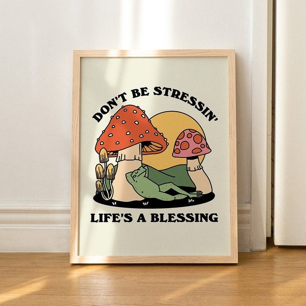 Groovy Mushroom Print, Retro Frog Wall Art, Happy Mental Health Poster, Trendy 70s Self Care Print, Wall Decor, Positive Quote, UNFRAMED