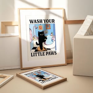 Wash your Paws Cat Print, Cute Bathroom Poster, Wash Room Childrens Washing up Posters, Kawaii Prints Decor, Unique Cats Art, UNFRAMED image 2