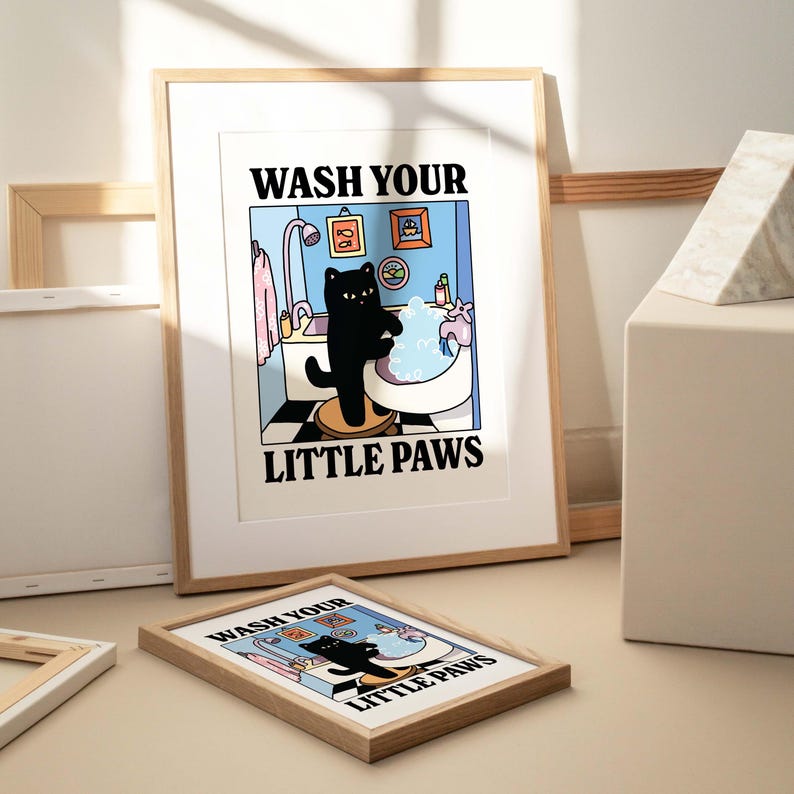 Wash your Paws Cat Print, Cute Bathroom Poster, Wash Room Childrens Washing up Posters, Kawaii Prints Decor, Unique Cats Art, UNFRAMED image 2