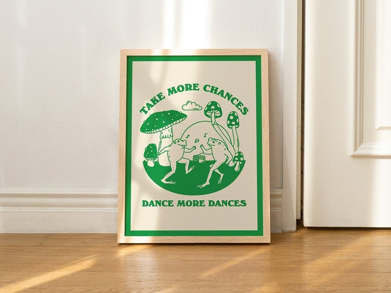 Retro Dancing Frogs Wall Print, Vintage Frog Illustration, Trendy Posters, Cute Mushroom Prints, Positive Poster Green Orange Pink UNFRAMED