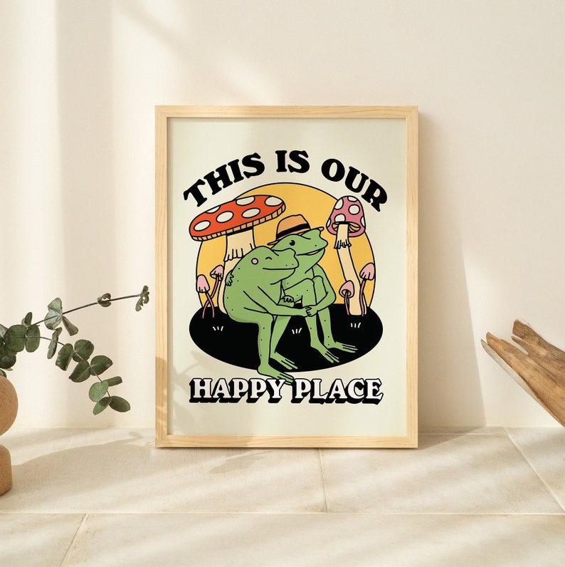 Retro Frog Wall Decor Romantic Mushroom Print Happy Place Quote Cozy 