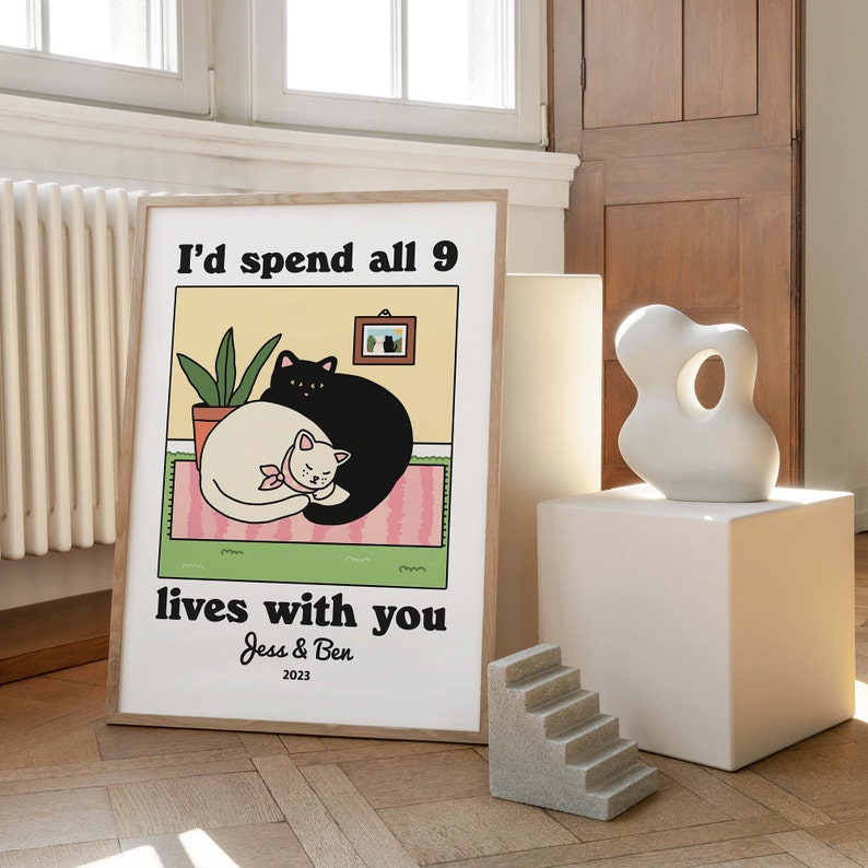 CUSTOM Couple Print, Personalized Cat Illustration, Anniversary Engagement Valentines Gift Idea, Cute Wall decor, Aesthetic Cats, UNFRAMED
