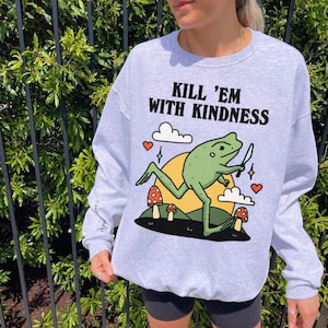 Kindness Quote Frog Sweatshirt, Retro Jumper, Cute Mushroom Sweater, Positive Quote Trendy Crewneck, Minimalist Cottagecore Froggy Clothes