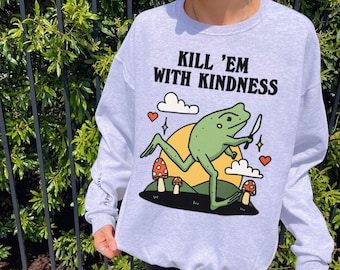 Kindness Quote Frog Sweatshirt, Retro Jumper, Cute Mushroom Sweater, Positive Quote Trendy Crewneck, Minimalist Cottagecore Froggy Clothes