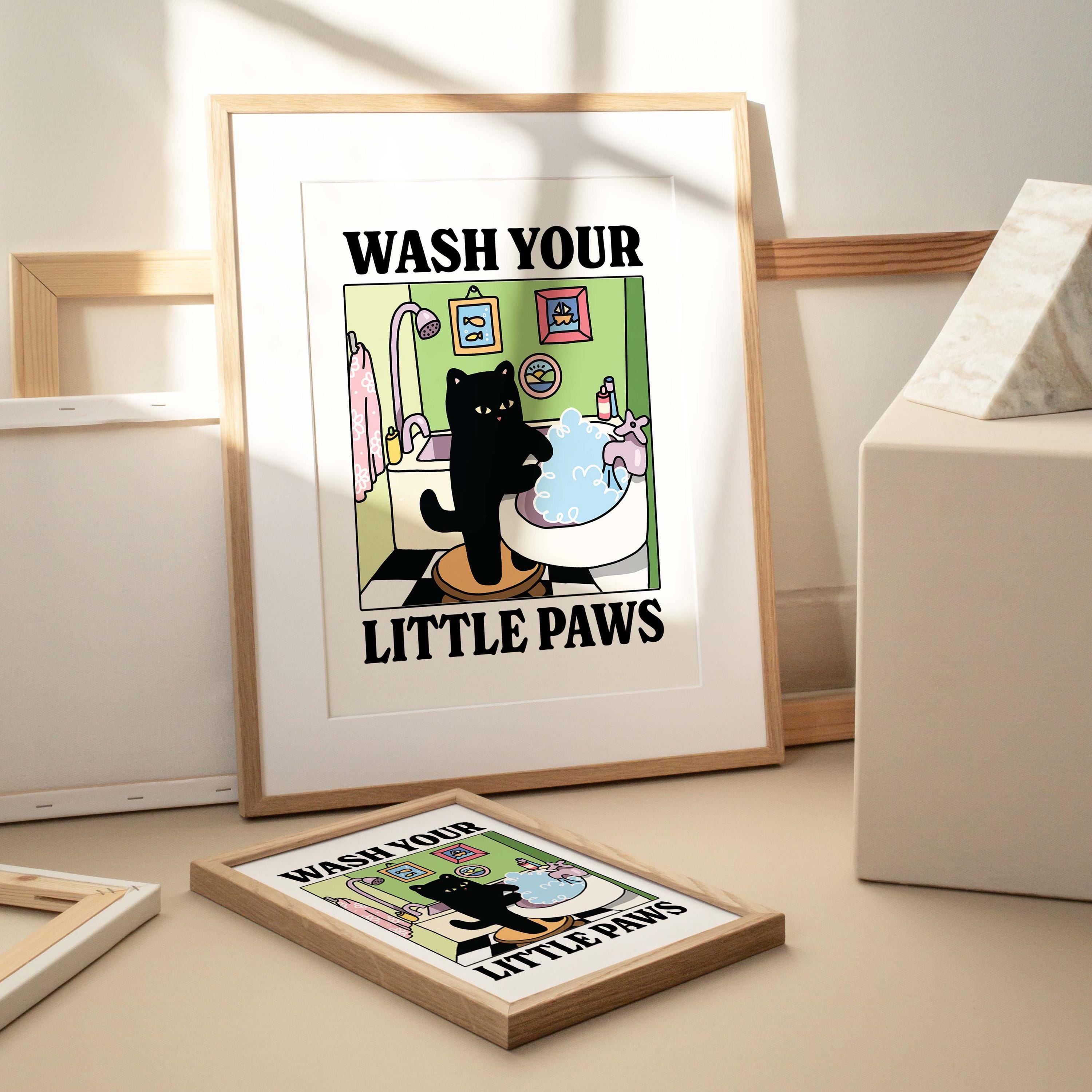 Wash your Paws Green Cat Print, Cute Bathroom Poster, Wash Room Childrens Washing up Posters, Kawaii Prints Decor, Unique Cats Art, UNFRAMED