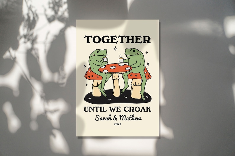 Personalized Couple Print, Custom Frog Illustration, Anniversary Engagement Valentines Gift Idea, Cute Wall decor, Retro Aesthetic, UNFRAMED image 6