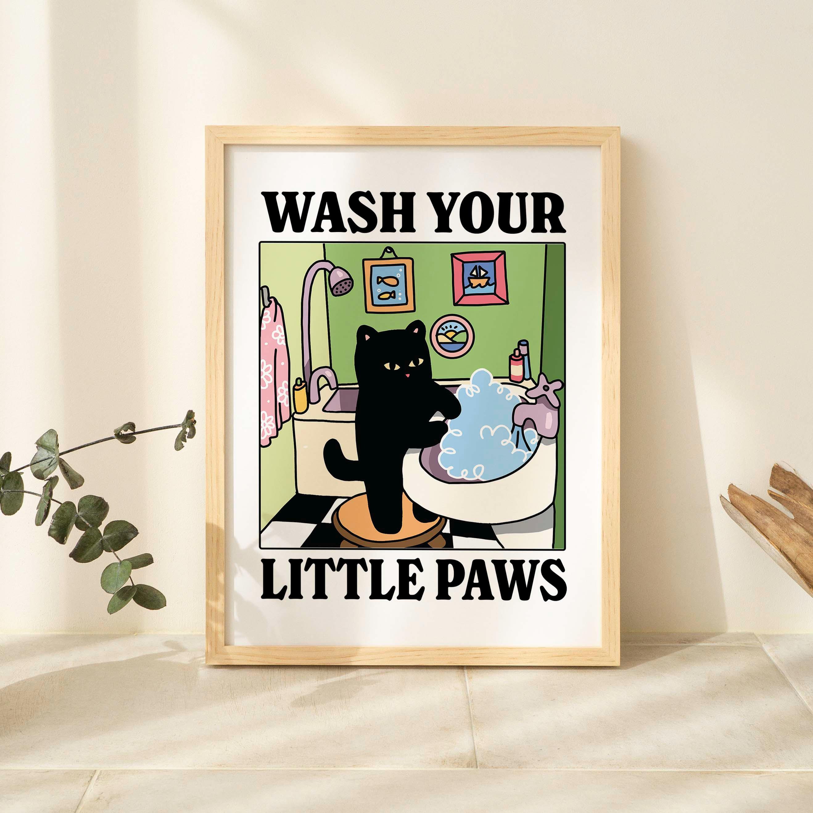 Wash your Paws Green Cat Print, Cute Bathroom Poster, Wash Room Childrens Washing up Posters, Kawaii Prints Decor, Unique Cats Art, UNFRAMED