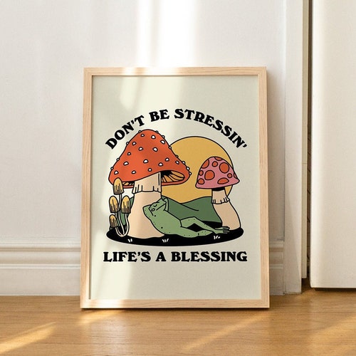 Groovy Mushroom Print, Retro Frog Wall Art, Happy Mental Health Poster, Trendy 70s Self Care Print, Wall Decor, Positive Quote, UNFRAMED