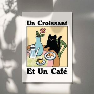 French Cafe Croissant Cat Print, Retro Drink Poster, Bistro Coffee Posters, Un Cafe Sil Vous Plait, Kitchen Decor, Unique Posters, UNFRAMED image 5