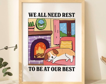 Cosy Dog Wall Print, Cute Bedroom Living Room Poster, Retro Dogs Illustration, Positive Quote Poster Prints, Love quotes UNFRAMED
