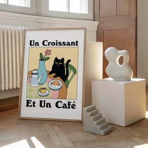 French Cafe Croissant Cat Print, Retro Drink Poster, Bistro Coffee Posters, Un Cafe Sil Vous Plait, Kitchen Decor, Unique Posters, UNFRAMED image 4