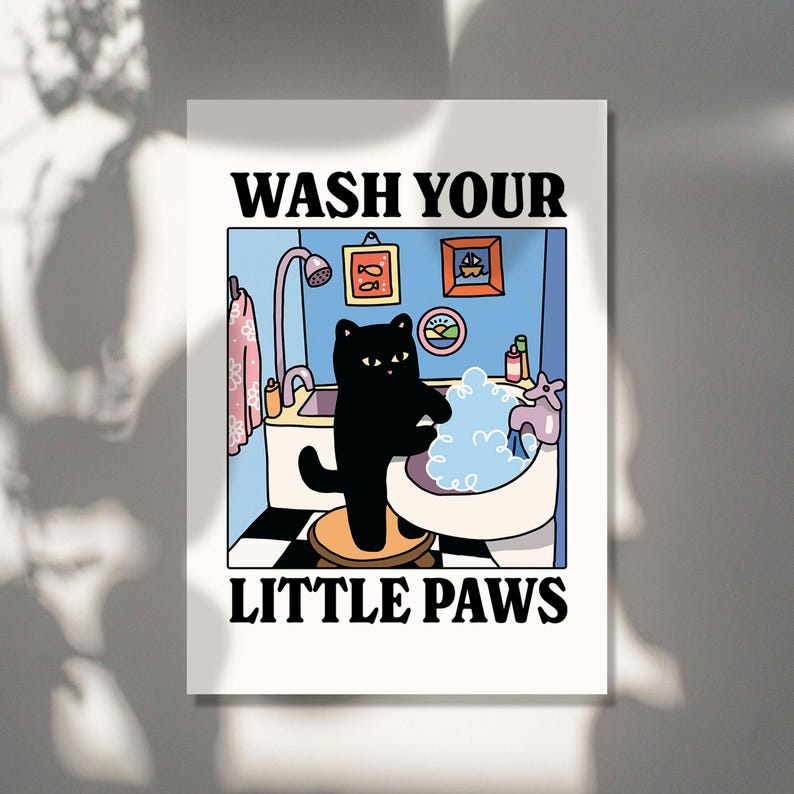 Wash your Paws Cat Print, Cute Bathroom Poster, Wash Room Childrens Washing up Posters, Kawaii Prints Decor, Unique Cats Art, UNFRAMED image 5
