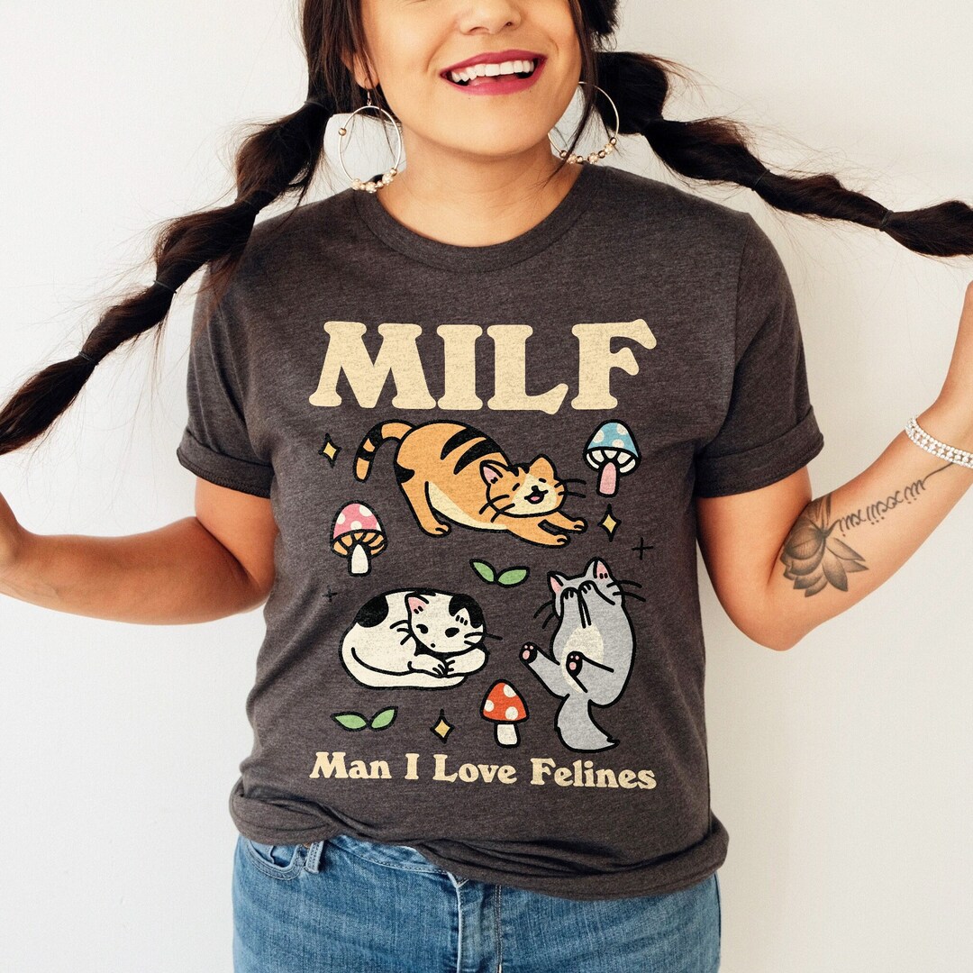 Retro Feline Tshirt, Funny MILF Cat Shirt, Dark Colors Cottagecore ...