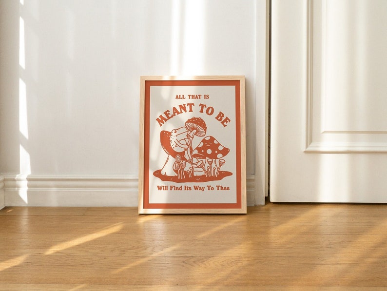 Retro Frog Wall Print, Vintage Mushroom Illustration, A3 A4 A2 Prints, Large Trendy 70s Poster, Burnt Orange, Positive Quote, UNFRAMED 