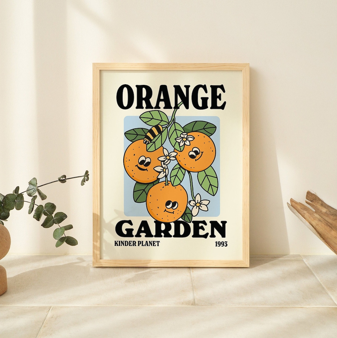 FRAMED Orange Garden poster, Floral Print, Fruit Character poster, Flowers Art, Retro Typography, Wooden Framed Wall Decor, Aluminium Frame